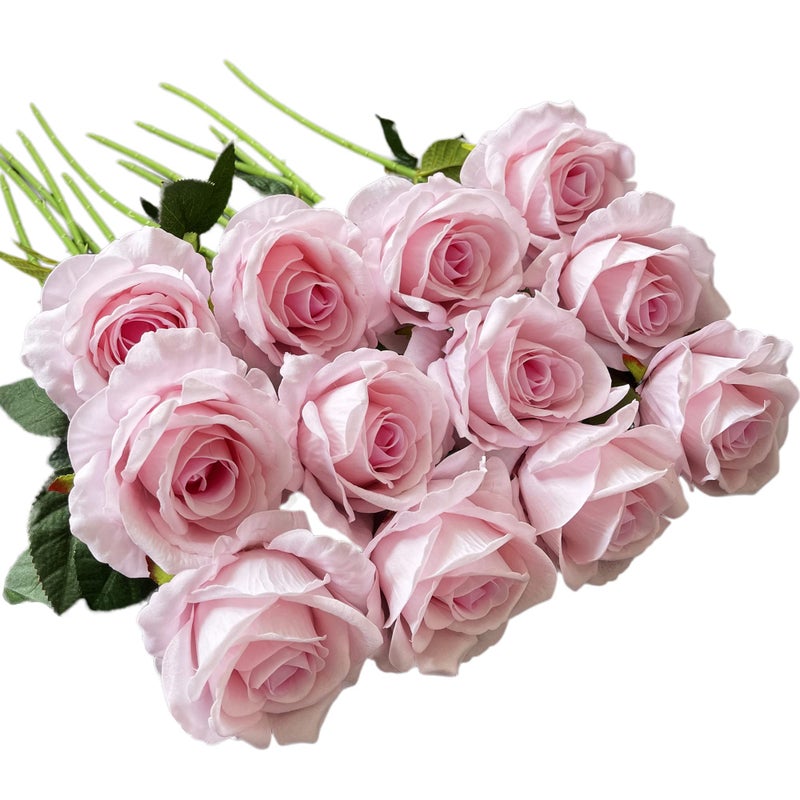 UKELER Pink Artificial Rose Flowers 12 Pcs Blossom Rose Flowers Real Touch Silk Faux Roses with Stem Rose Bouquets for Home Decoration Wedding Party Garden Floral Decor