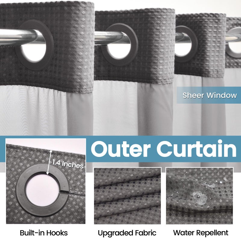 EUTXL Charcoal Grey No Hook Shower Curtain with Snap in Liner,230GSM Waffle Weave Shower Curtains for Bathroom,71W x 74H - Image 5