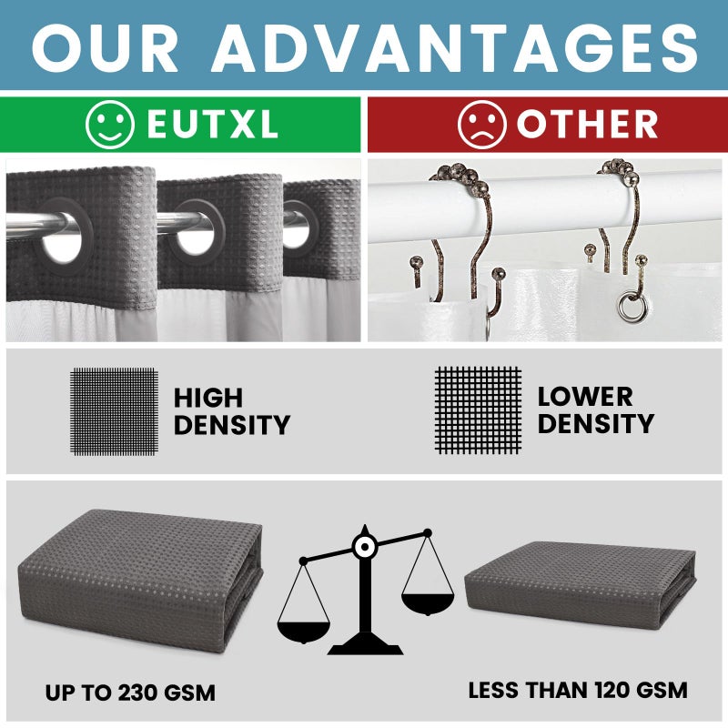EUTXL Charcoal Grey No Hook Shower Curtain with Snap in Liner,230GSM Waffle Weave Shower Curtains for Bathroom,71W x 74H - Image 2