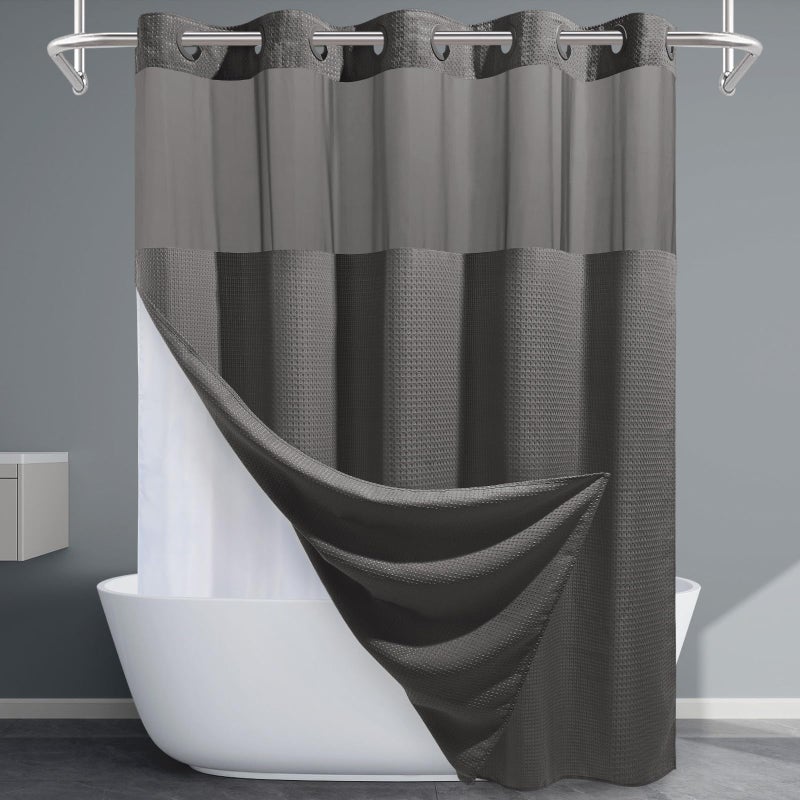 EUTXL Charcoal Grey No Hook Shower Curtain with Snap in Liner,230GSM Waffle Weave Shower Curtains for Bathroom,71W x 74H - Image 1