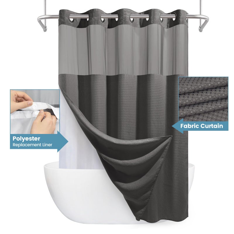 EUTXL Charcoal Grey No Hook Shower Curtain with Snap in Liner,230GSM Waffle Weave Shower Curtains for Bathroom,71W x 74H - Image 4