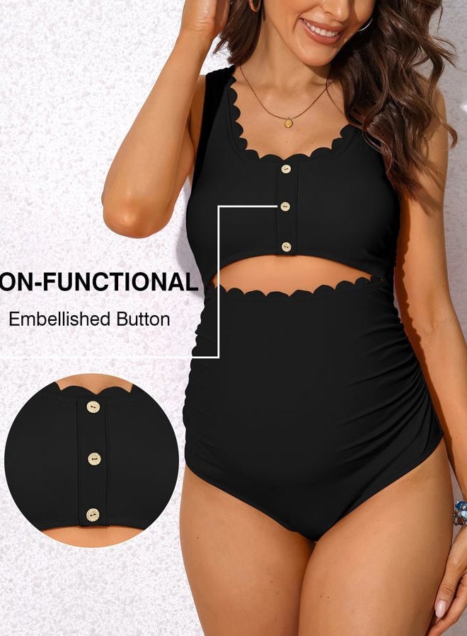 Charmo Maternity One Piece Swimsuit Scalloped Cut Out Ruched High Waisted Scoop Neck Pregnancy Bathing Suit, Black, XL - Image 3