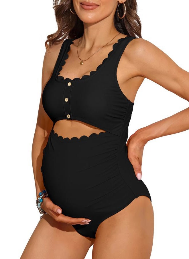 Charmo Maternity One Piece Swimsuit Scalloped Cut Out Ruched High Waisted Scoop Neck Pregnancy Bathing Suit, Black, XL - Image 1