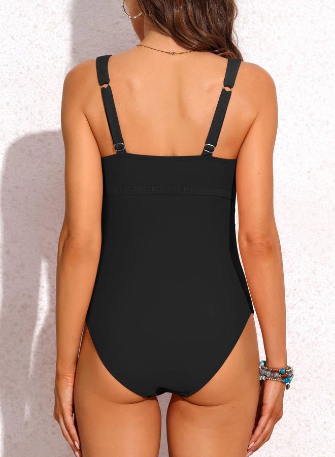 Charmo Maternity One Piece Swimsuit Scalloped Cut Out Ruched High Waisted Scoop Neck Pregnancy Bathing Suit, Black, XL - Image 2