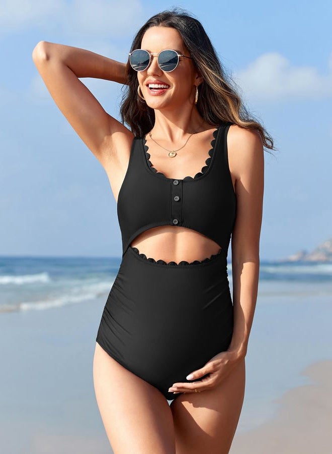 Charmo Maternity One Piece Swimsuit Scalloped Cut Out Ruched High Waisted Scoop Neck Pregnancy Bathing Suit, Black, XL - Image 5
