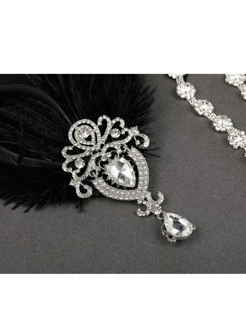 1920s Feather Headpiece, Womens Ostrich Feather Crystal Headband, Great Gatsby Hair Accessories for Women, Ribbon Tie, Flapper Accessories, Art Deco Headpiece (Black) - Image 5