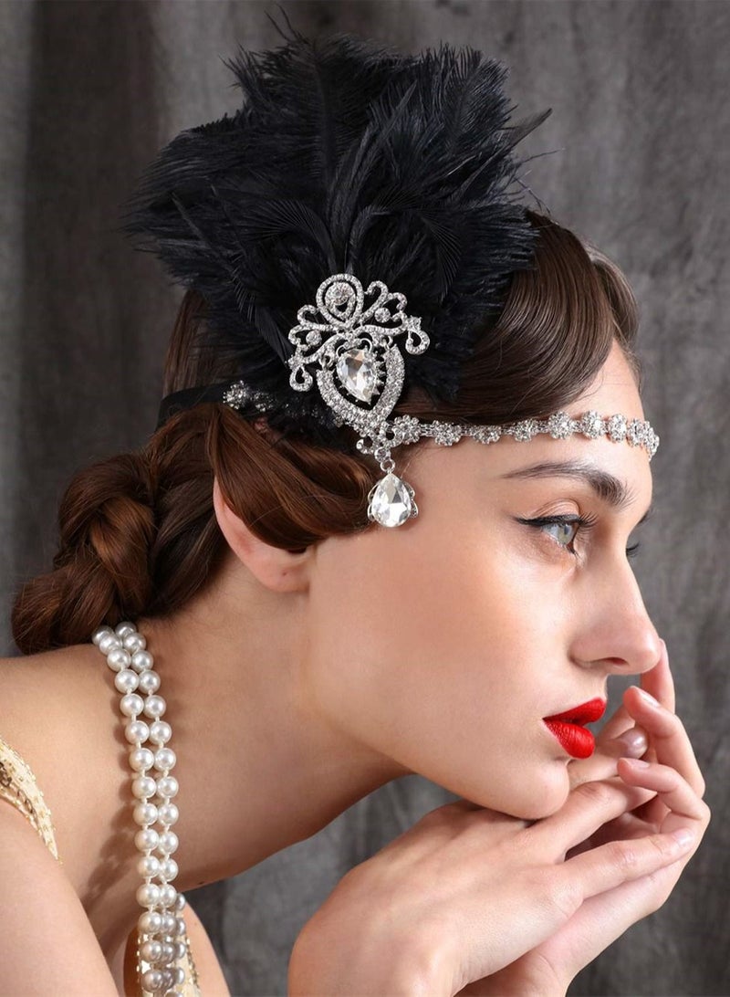1920s Feather Headpiece, Womens Ostrich Feather Crystal Headband, Great Gatsby Hair Accessories for Women, Ribbon Tie, Flapper Accessories, Art Deco Headpiece (Black) - Image 4