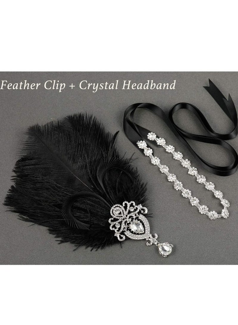 1920s Feather Headpiece, Womens Ostrich Feather Crystal Headband, Great Gatsby Hair Accessories for Women, Ribbon Tie, Flapper Accessories, Art Deco Headpiece (Black) - Image 3