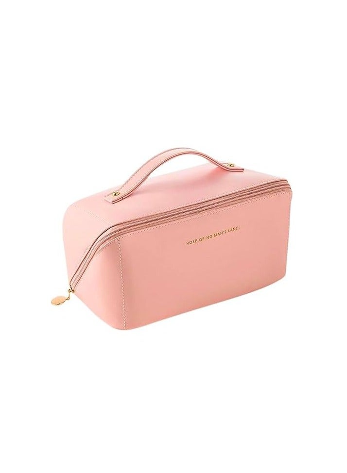 شنطة مستحضرات تجميل للسفر كبيرة من الجلد عالي الجودة (بينك) - Image 1
