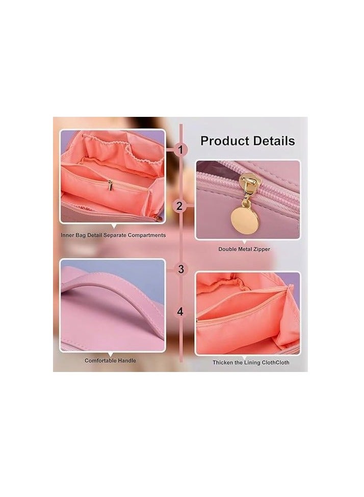 شنطة مستحضرات تجميل للسفر كبيرة من الجلد عالي الجودة (بينك) - Image 3