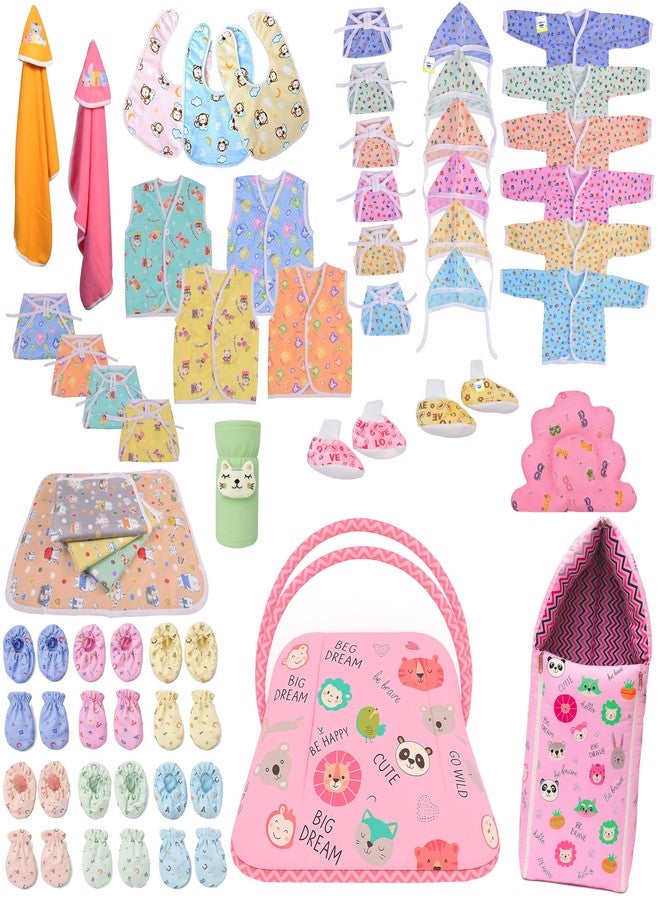 Kwitchy Newborn Baby Essentials Kit 53 Items Combo | New Born Baby Kit 0–6 Months | Baby Bed Bedding & Clothes Set | Newborns Hospital Bag & Infant Shower Gift (Pink) - Image 1