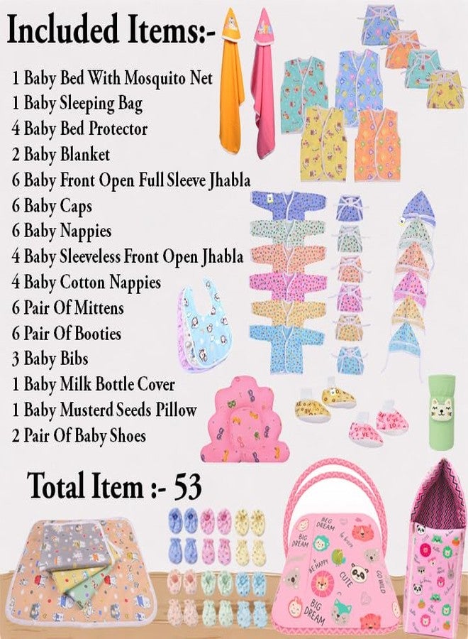 Kwitchy Newborn Baby Essentials Kit 53 Items Combo | New Born Baby Kit 0–6 Months | Baby Bed Bedding & Clothes Set | Newborns Hospital Bag & Infant Shower Gift (Pink) - Image 2