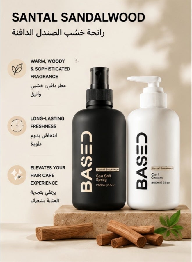 BASED 2-in-1 Santal Sandalwood Sea Salt Spray and Curl Cream 200ml Set Texturizing Beach Waves Define Curls Moisturizing Hair Styling Bundle - Image 4