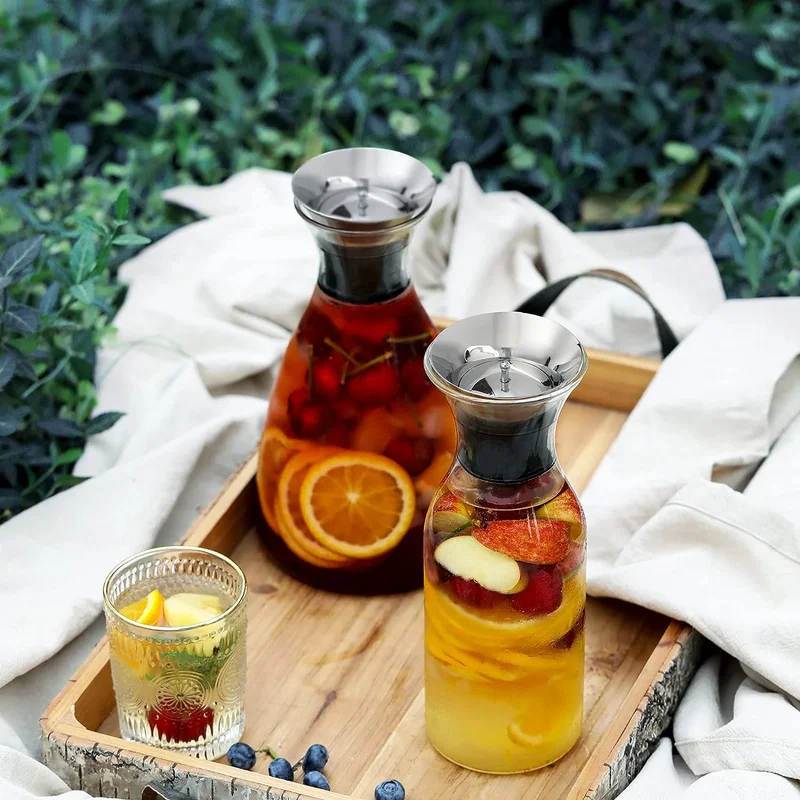 QUESERA 35 Oz Glass Drip-free Carafe with Stainless Steel Silicone Flip-top Lid - Glass Water Pitcher Fridge Carafe Ice Tea Maker