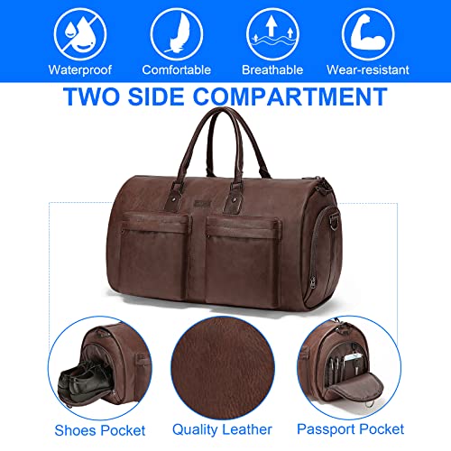 Modoker Convertible Leather Garment Bag, Carry on Garment Bags for Travel Waterproof Garment Duffel Bag Gifts for Men Women Business - 2 in 1 Hanging Suitcase Suit Travel Bags in Brown - Image 5