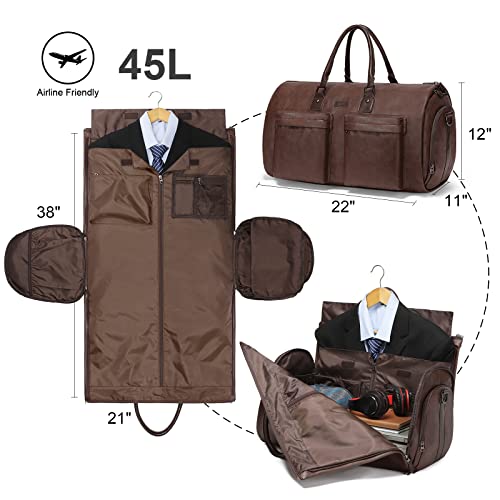 Modoker Convertible Leather Garment Bag, Carry on Garment Bags for Travel Waterproof Garment Duffel Bag Gifts for Men Women Business - 2 in 1 Hanging Suitcase Suit Travel Bags in Brown - Image 2