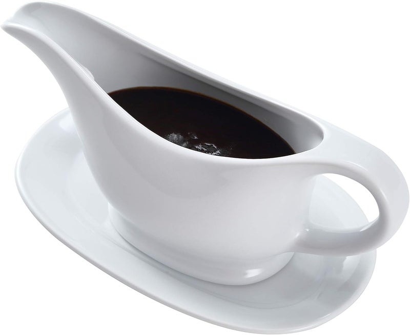Bruntmor 11 Oz White Ceramic Gravy Boat With Tray, 11 Ounce Small Ceramic Serving Dish, Dispenser with Tray For Sauces, Gravy Boats With Saucer For Dinner - Image 1