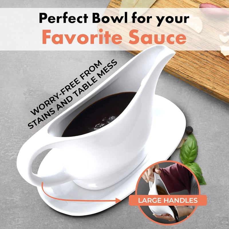 Bruntmor 11 Oz White Ceramic Gravy Boat With Tray, 11 Ounce Small Ceramic Serving Dish, Dispenser with Tray For Sauces, Gravy Boats With Saucer For Dinner - Image 2