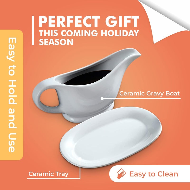 Bruntmor 11 Oz White Ceramic Gravy Boat With Tray, 11 Ounce Small Ceramic Serving Dish, Dispenser with Tray For Sauces, Gravy Boats With Saucer For Dinner - Image 4