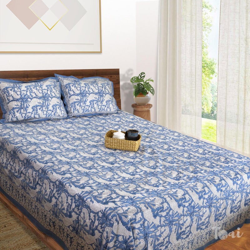 TOAI Art Hand Block Luxury Bedsheet| Flat Sheet| Long Staple Cotton | Fine 300TC| Super King Size 108"X108"| 2 Reversible Pillow Covers 18" X 28"| Jaipur Floral Print(Blue Birds On White) - Image 1