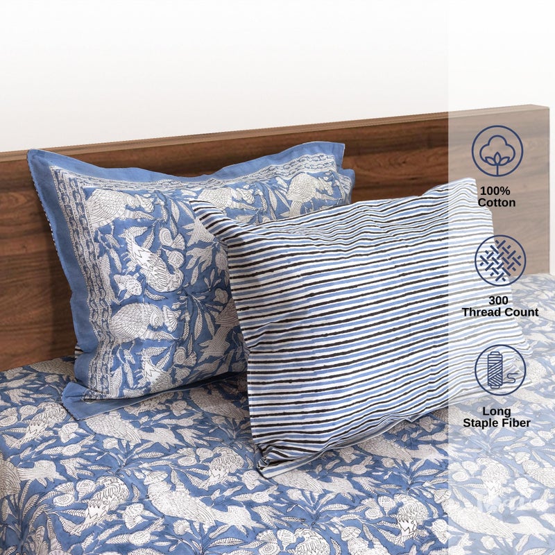 TOAI Art Hand Block Luxury Bedsheet| Flat Sheet| Long Staple Cotton | Fine 300TC| Super King Size 108"X108"| 2 Reversible Pillow Covers 18" X 28"| Jaipur Floral Print(Blue Birds On White) - Image 3