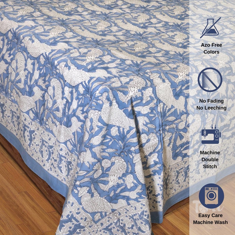 TOAI Art Hand Block Luxury Bedsheet| Flat Sheet| Long Staple Cotton | Fine 300TC| Super King Size 108"X108"| 2 Reversible Pillow Covers 18" X 28"| Jaipur Floral Print(Blue Birds On White) - Image 5