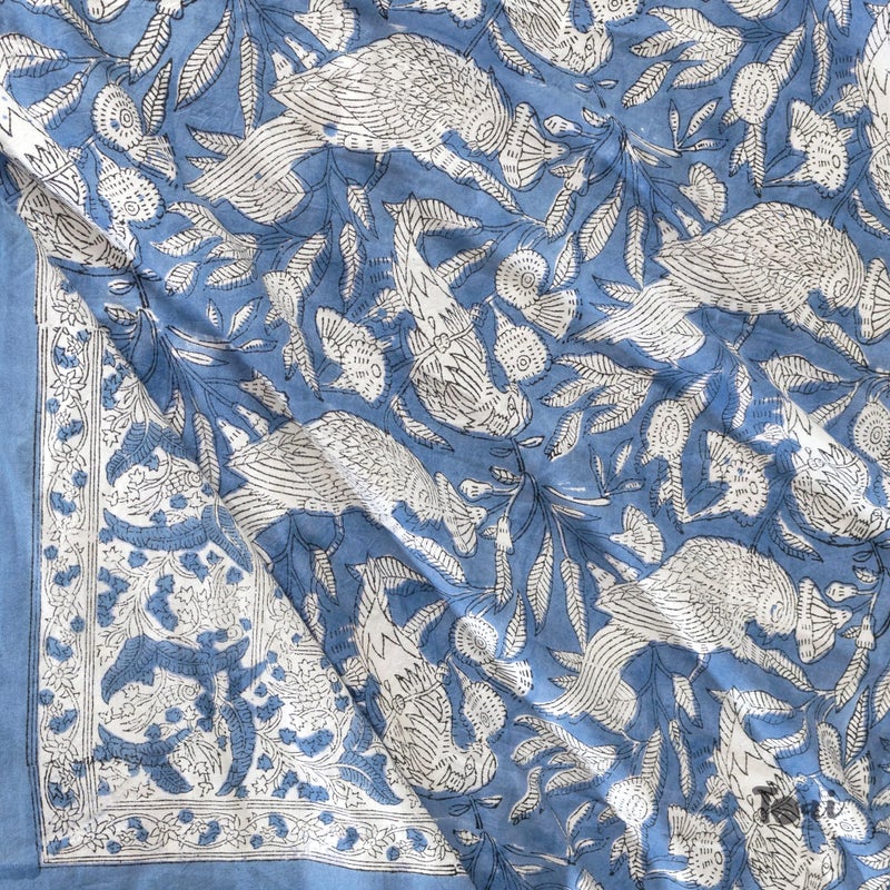 TOAI Art Hand Block Luxury Bedsheet| Flat Sheet| Long Staple Cotton | Fine 300TC| Super King Size 108"X108"| 2 Reversible Pillow Covers 18" X 28"| Jaipur Floral Print(Blue Birds On White) - Image 4