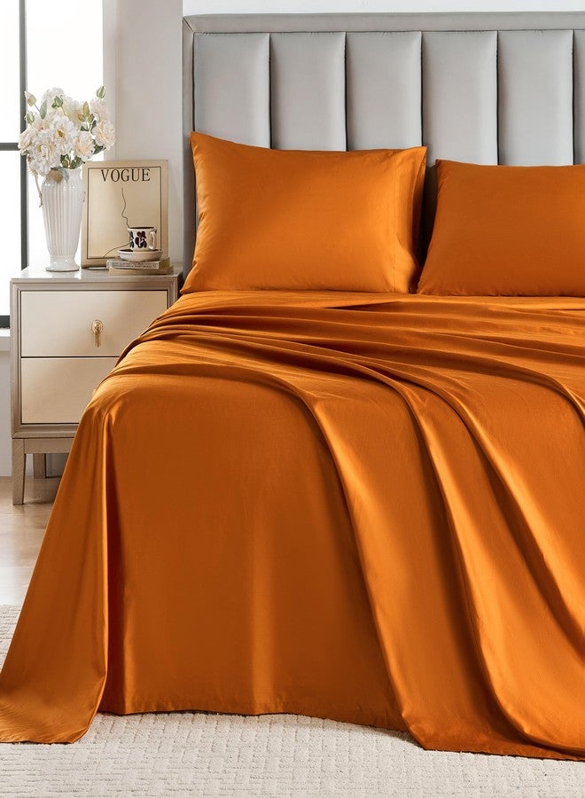 Simple&Opulence 100% Egyptian Cotton Sheet Set 400 Thread Count 4Pc Set Embroidery Design Long Staple Pure Soft Sateen Weave Bed Sheet - Orange, King Size - Image 1