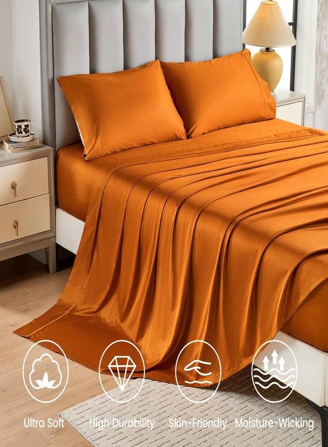 Simple&Opulence 100% Egyptian Cotton Sheet Set 400 Thread Count 4Pc Set Embroidery Design Long Staple Pure Soft Sateen Weave Bed Sheet - Orange, King Size - Image 2