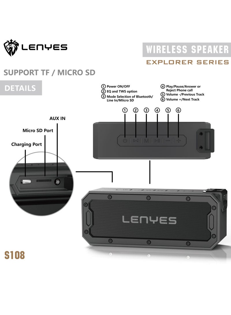 S108 Bluetooth Speaker, 40W Loud Sound, IPX7 Waterproof, 5200mAh Battery, TWS, Deep Bass, Type-C, Micro SD & AUX Support – Black