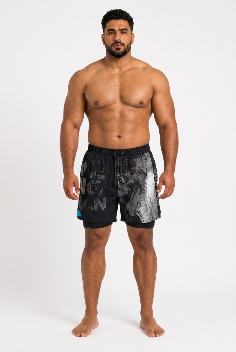 Moveletix Men's 2-in-1 Swim Shorts Black Grey Pattern - Image 3