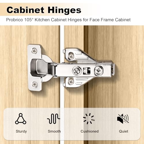 Probrico Full Overlay Soft Closing Clip On Face Frame Mounting Cabinet Hinges 10 Pair(=20 Pcs), 105 Degree Self Closing Kitchen Cupboard Door Hinges - Image 2