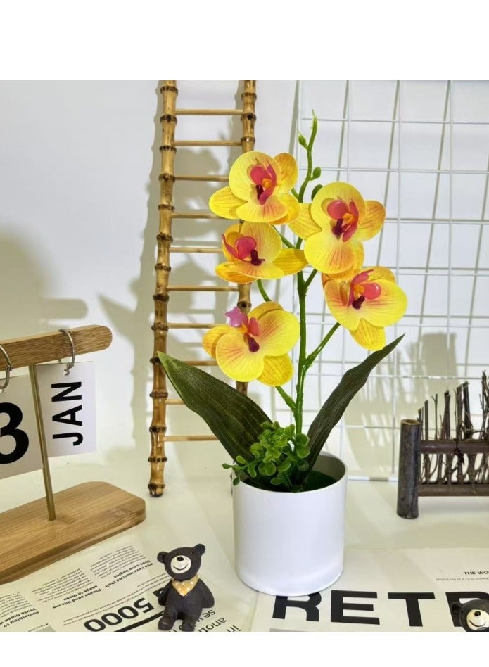 OASIS-TH Artificial Flowers Butterfly Orchid Potted Artificial Plant Bonsai Suitable For Office Hotel Living Room Wedding Party Home Decoration 30cm Yellow 