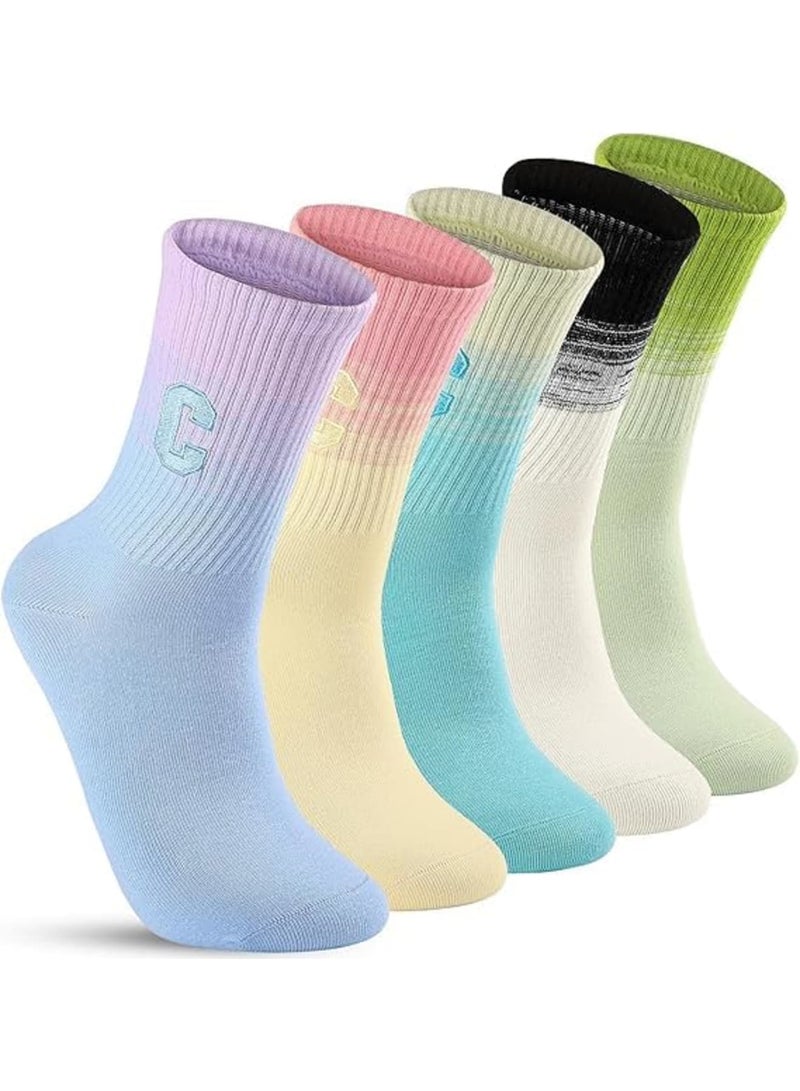 Crew Socks, Womens Ankle Socks Breathable Soft Cotton Gradient Color Casual Socks for Daily Wear Sports Travel and Home, 5 Pairs Pink Blue White Green Yellow - Image 1