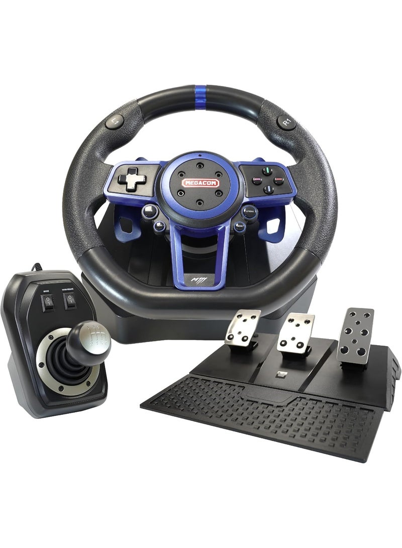megacom Megacom M111 Racing Steering Wheel 270/900 Degrees, 10", Paddle Shifter, 3 Pedals, 6-Speed Shifter, Multi-Platform compatible for PC, P4, P5, X360, XB1,and Switch console - Image 1