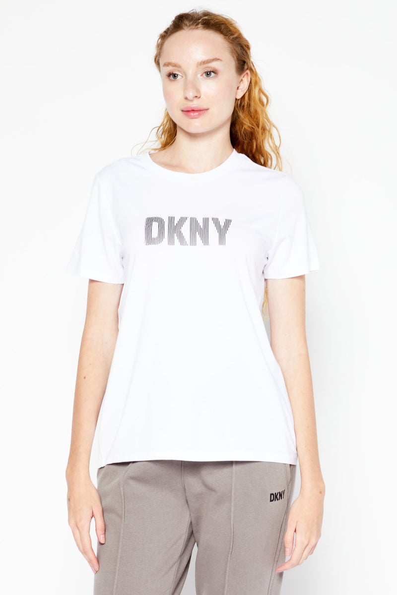 DKNY Sport Women Sportswear Fit Short Sleeve Brand Logo Training T-Shirt, White - Image 1