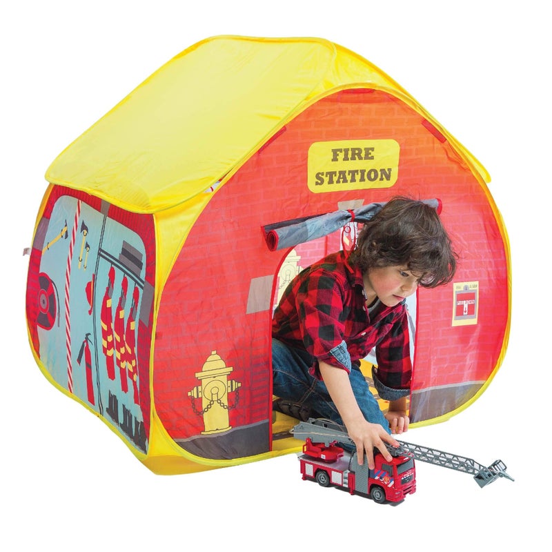Pop It Up Firestation Tent with Streetmap Playmat Playhouse Fun2Give Front Back Doors Spacious Interior Pretend Play Toddlers Kids Ages 3