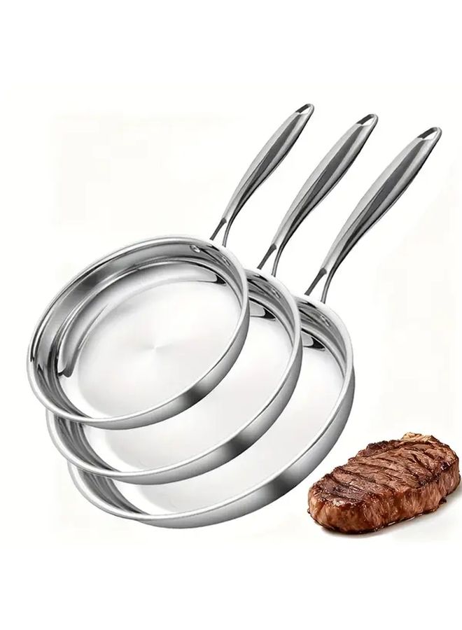 DOTOCOOK 3 Piece Set Stainless Steel Frying Pan 8.66 9.45 10.24 Inch Food Grade Multifunctional Omelette Pan Dishwasher Safe Suitable for Gas Stoves Induction Cookers Kitchen Utensils Outdoor Restaurant Hotel Supplies - Image 1