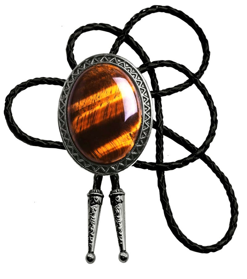 Moranse Bolo Tie with Natural Tiger Eye Stone Celtic Style Genuine and Cowhide Rope(Tiger Eyes 1 Style) - Image 1