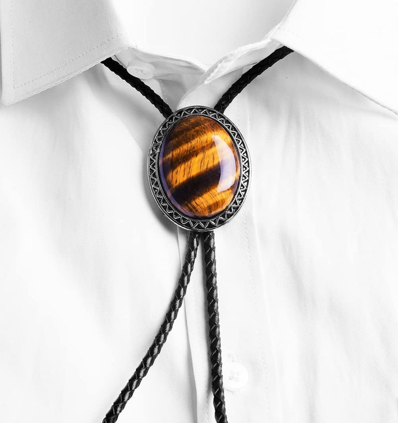 Moranse Bolo Tie with Natural Tiger Eye Stone Celtic Style Genuine and Cowhide Rope(Tiger Eyes 1 Style) - Image 3