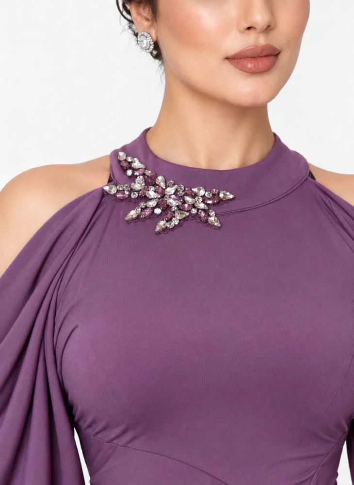Opera Fashion Mauve Off-Shoulder Long Evening Dress with Waist and Neck Accessory