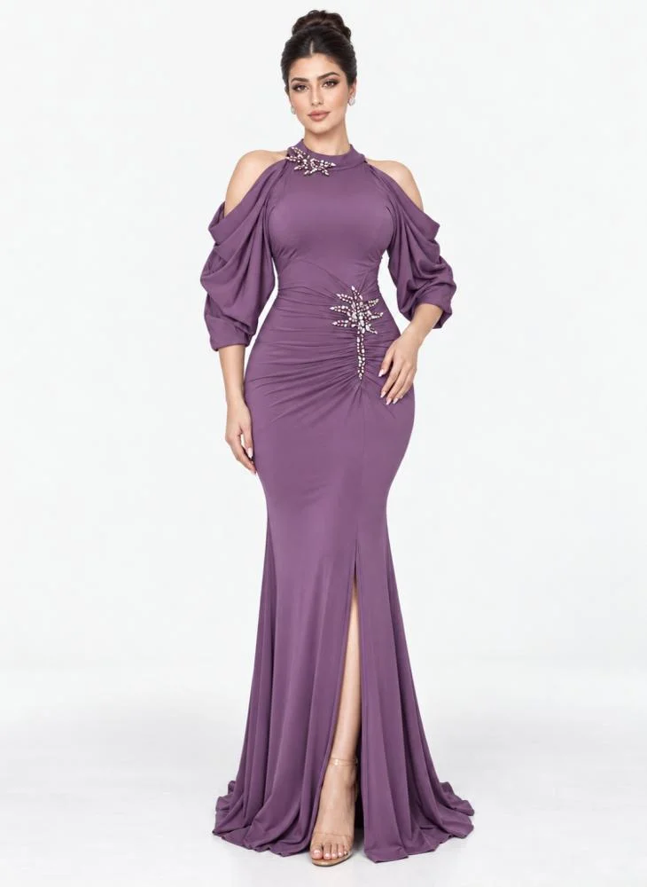 Opera Fashion Mauve Off-Shoulder Long Evening Dress with Waist and Neck Accessory