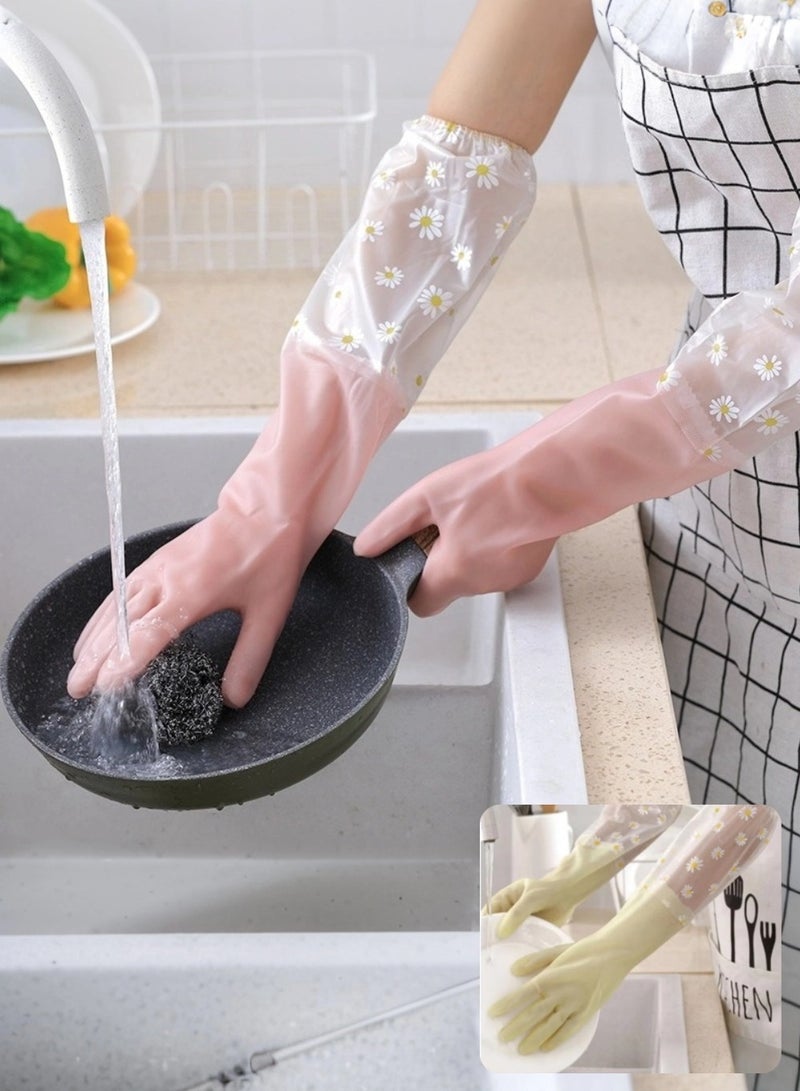 2 pairs of thickened and durable dishwashing gloves, waterproof, anti-slip, protective, large size, available in yellow and pink, reusable - Image 1