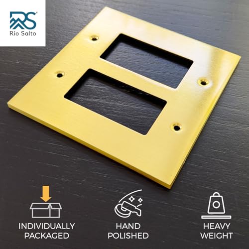 Rio Salto Modern Metal Vibrant Yellow Gold Double Decorator Wall Outlet Cover Light Switch Double Rocker Decorator Wall Plate MIDSIZE Covers Decorative Receptacle Rocker 2Gang 2Pack - Image 3