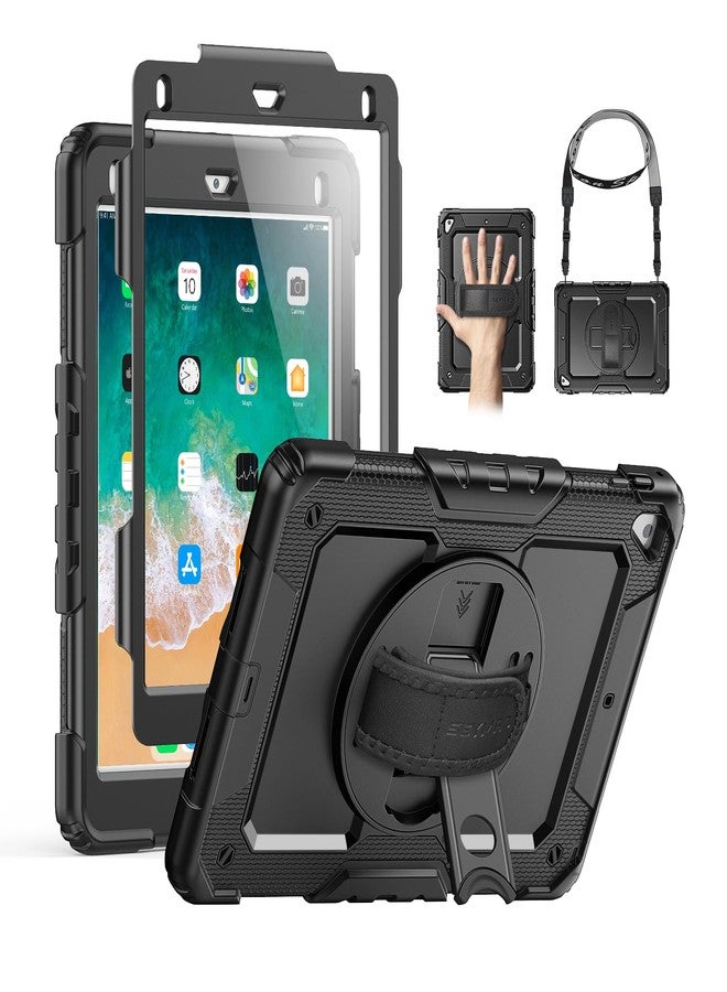 SEYMAC جراب SEYMAC لجهاز iPad Air 2، جراب لجهاز iPad من الجيل الخامس/السادس، جراب لجهاز iPad Pro 9.7، جراب واقٍ مقاوم للصدمات مع حامل بزاوية 360 درجة [حزام يد وكتف] واقي شاشة لجهاز iPad 9.7 بوصة، أسود - Image 1