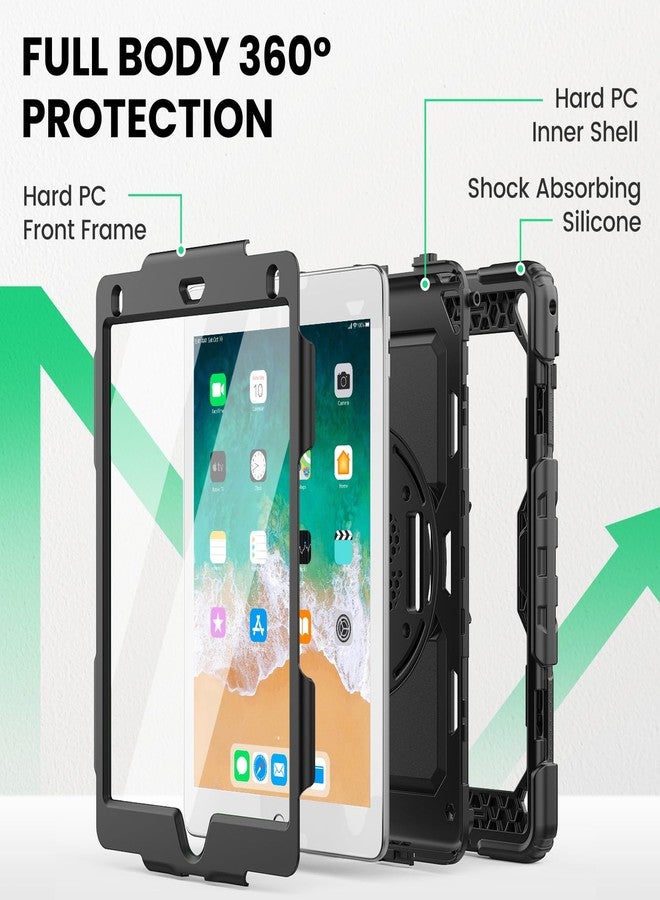 SEYMAC جراب SEYMAC لجهاز iPad Air 2، جراب لجهاز iPad من الجيل الخامس/السادس، جراب لجهاز iPad Pro 9.7، جراب واقٍ مقاوم للصدمات مع حامل بزاوية 360 درجة [حزام يد وكتف] واقي شاشة لجهاز iPad 9.7 بوصة، أسود - Image 5