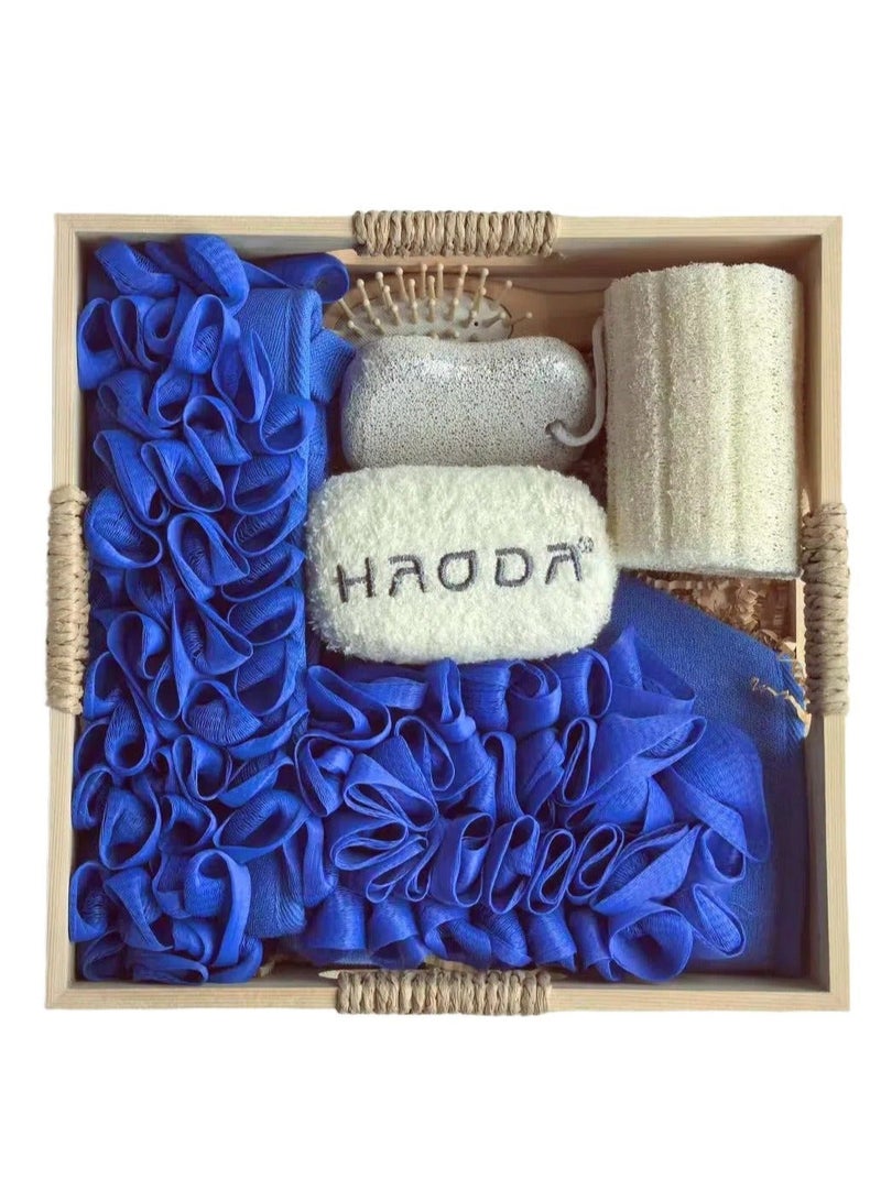 هودا مجموعة هدايا استحمام من ٦ قطع · صندوق هدايا خشبي قابل لإعادة الاستخدام | تحتوي على فرشة للظهر وقفاز تقشير وحجر خفاف ومشط ولوفة طبيعية وإسفنجة رغوية | مثالية للهدايا في الأعياد (عيد الفطر/رمضان) | صندوق حمام خشبي، مجموعة تنظيف الظهر، مجموعة استحمام بلوفة طبيعية، أفكار هدايا لعيد الفطر المبارك - Image 1