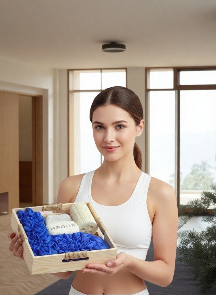 هودا مجموعة هدايا استحمام من ٦ قطع · صندوق هدايا خشبي قابل لإعادة الاستخدام | تحتوي على فرشة للظهر وقفاز تقشير وحجر خفاف ومشط ولوفة طبيعية وإسفنجة رغوية | مثالية للهدايا في الأعياد (عيد الفطر/رمضان) | صندوق حمام خشبي، مجموعة تنظيف الظهر، مجموعة استحمام بلوفة طبيعية، أفكار هدايا لعيد الفطر المبارك - Image 4