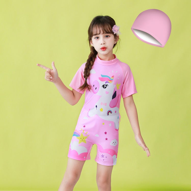 Generic Cute Cartoon Kids Swimwear Girls One-Piece Suit Sweet Pink Mono (Short Sleeve) H1