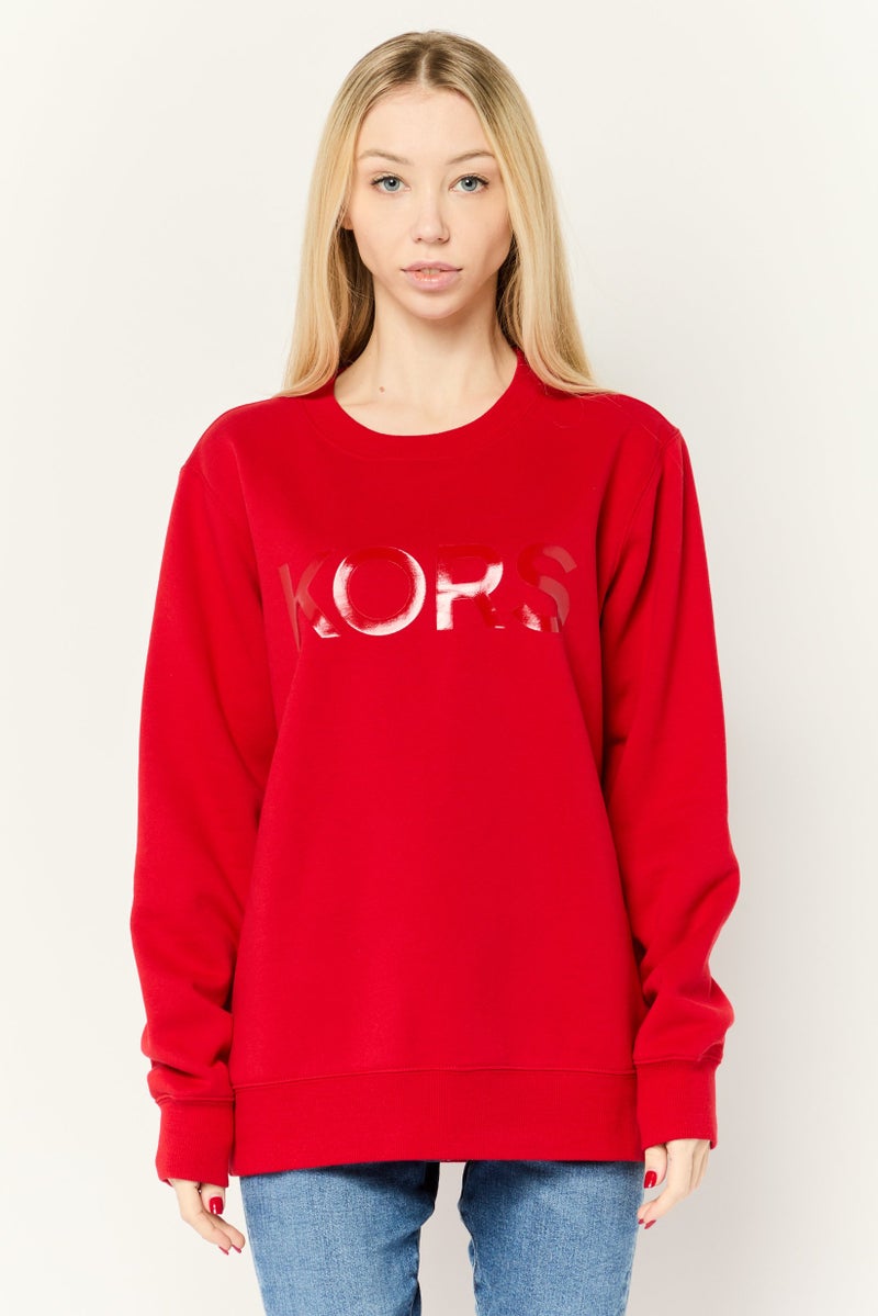 Michael Kors Women Ribbed Neck Brand Logo Long Sleeves Sweatshirt, Red - Image 1
